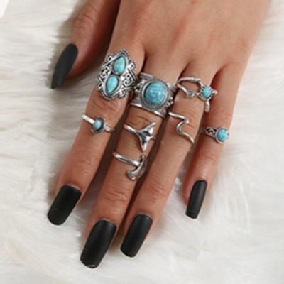 China KR-05 Ethnic Vintage Jewelry 8pcs Wave Moon Fish Tail Women Turquoise Alloy Ring Set for sale