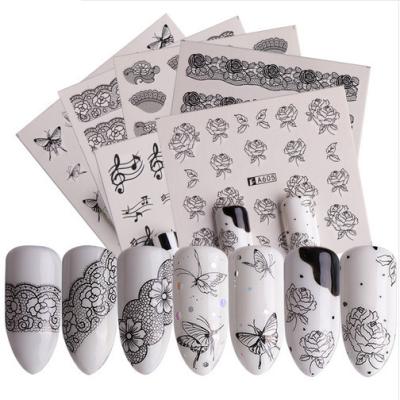 China Easy Apply 48 Sheets Nail Art Decoration Stickers Lace Black Set Flowers Mixed Butterfly Design Nail Slider Watermark Tip Tool for sale