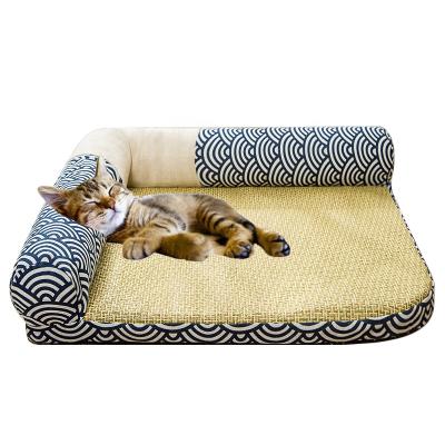 China Hot Selling Summer Japanese Style Orthopedic Rattan Moisture-proof Cooling Mat Cat Sofa With Pillow for sale