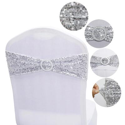 China Hotel Wedding Disposable Banquet Elegant Silver Bows Chair Covers Bands Spandex Stretch Chair Sashes With Buckle for sale