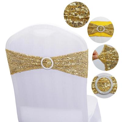 China Disposable Romantic Sequin Embroidered Decorative Stretch Chair Sashes , Wedding Hotel Banquet Bows Chair Bands With Buckle for sale