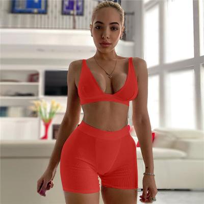 China 2021 New QUICK DRY Two Piece Shorts Set Women Summer Hot Design Shorts Version V-Neck Sports Bra And Breathable Bodycon Yoga Shorts Set for sale