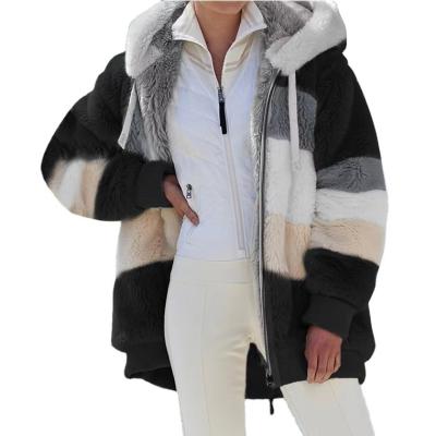 China 2021 Winter Warm Women's Casual Loose Plush Hooded Coat Casual Loose Mixed Color Patchwork Winter Outwear Faux Fur Zipper Jacket Coat W for sale