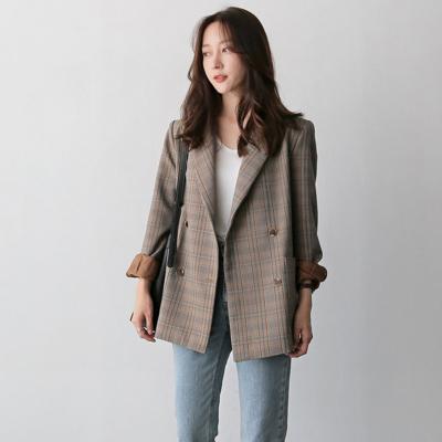 China Korean version of Anti-wrinkle retro design blazer plaid jackets coats women's double breasted coats for sale