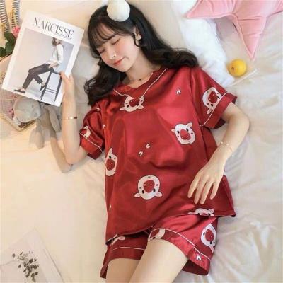 China QUICK DRY custom label X-y506 smooth satin print pajamas sets mature short sleeve top and shorts sets for night loose women sleepwear for sale