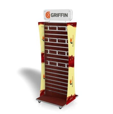 China SLAM WALL Various Promotional Goods Using Metal Frame And MDF Brown PVC Machining Display Rack for sale