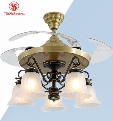 Chine 42 Inch Stylish Decorative Remote Control Retractable Lighting Ceiling Fan S42-624 With 5 Blades Hidden & Copper Long Life Motor à vendre