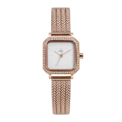 China OEM Rose Gold Analog Mesh Band Water Resistant Stainless Steel Fashion Women Watch With Clear Stones for sale