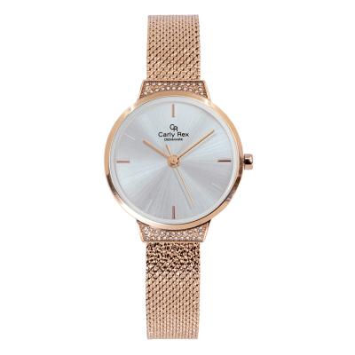 China OEM Rose Gold Analog Mesh Band Water Resistant Stainless Steel Fashion Women Watch With Clear Stones for sale