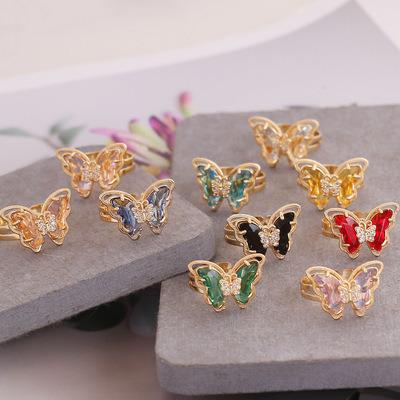 China Other Wholesale Fashion 18k Gold Butterfly Diamond Ring Jewelry Colorful Crystal Rhinestone Adjustable Rings For Women for sale