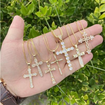 China Wholesale Hiphop Fashion 18K Gold Filled Crystal Necklace Charm Hip Hop Zircon Cross Pendant Necklace For Women for sale