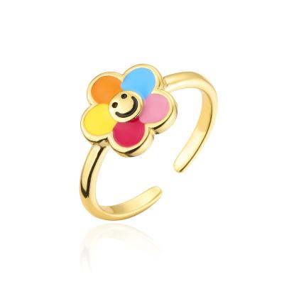 China Other Wholesale Fashion Jewelry Face Flower Smile Ring Designs Adjustable Copper Ring 18K Gold For Women for sale