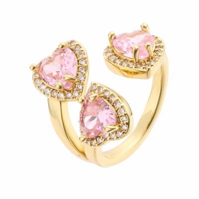 China Cute Pink Ring Heart Shaped CZ Diamond Wedding Ring for Women Girl Simple Design 18K Gold Plated Jewelry for sale