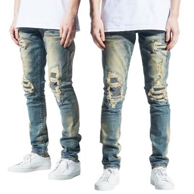 China Color Fade Proof OEM Heavy Knee Rips Latest Design Mens Distressed Mens Jeans Skinny Jeans for sale