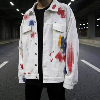 China OEM Viable Fog Street Graffiti Paint Printed Denim Jacket Men Button Down Running Oversized Plaket Loose Distressed Tracksuit Long Sleeves for sale