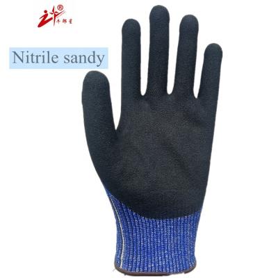 China Oil Proof Big Grip Level 5 HPPE Anti Cut Nitrile Sandy Palm Coated With Sandy Palm Coated Cut Resistant Gloves Working Gloves for sale