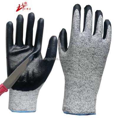 China 1/2 Nitrile Coated Hot Sale 13G HPPE Fiberglass Nylon Knit Cut Resistant Butcher Gloves With PU Nitrile Coated Gloves for sale