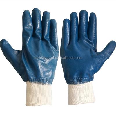 China Fully Knitted Smooth Blue Nitrile Cuff Interlock Cotton Coated Nitrile Work Gloves for sale