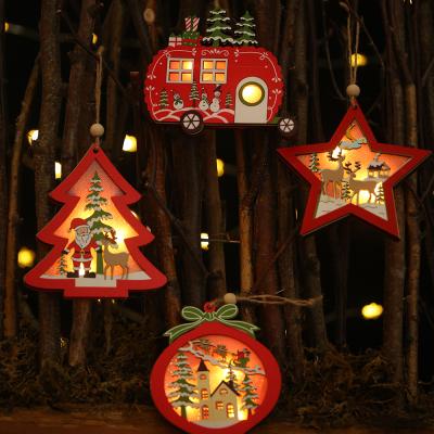 China Christmas Decorations Wholesale Wooden Decorative Led Pendant Christmas Houses Christmas Tree Lighted Ornament for sale