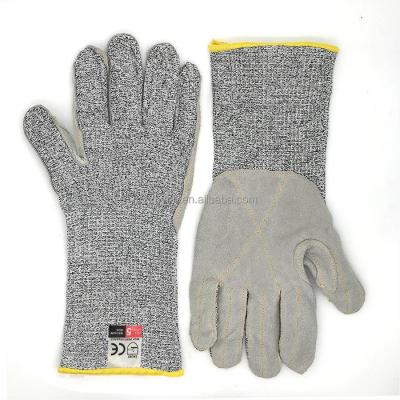 China HPPE Cut Resistant Level 5 Cut Resistant Safety Protective Work Glove With 2 Layers Of Cowhide for sale