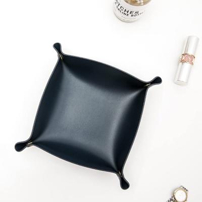 China Sustainable wholesale pu leather desk storage tray foldable jewelry boxes coin candy money key organizer leather valet tray for sale