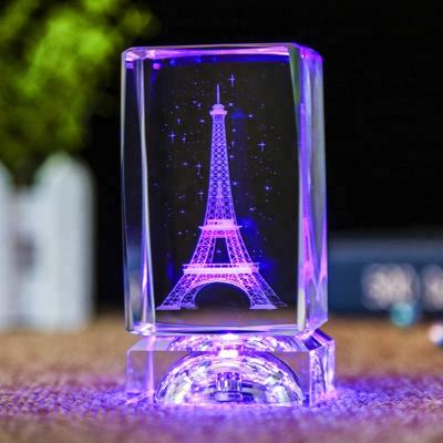 China Europe Wholesale K9 Cube Crystal 3D Laser Engraved Rose Flower Crafts LED Lights for sale