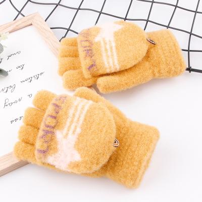 China New Style Plaid Top Block Woolen Yarn Knitting Writing Winter Plus Velvet Bike Hand Knitted Mittens Half Finger Child Mittens Wool for sale