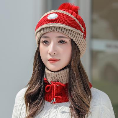 China COMMON Thick Wool Plush Hearing Protection Hat Casual Warm Knitted Scarf Set Women Winter Hat With Pom Pom Scarf for sale