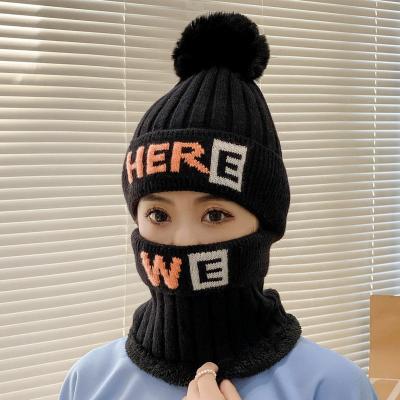 China COMMON Two Piece Warm All-match Wool Plus Velvet Scarf Women Knitted Hat Scarf Girl Winter Hats With Scarf for sale