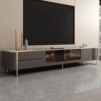 China Adjustable (Height) Marble TV Cabinet Coffee Table Combination Living Room Furniture Style Modern Light Gray Paint Luxury Floor Cabinet for sale