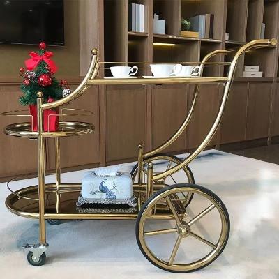 China Modern Mobile Commercial Trolley Three-Layer Metal Trolley Hotel Restaurant Metal Trolley Bar Liquor Truck for sale