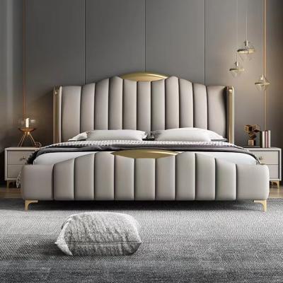 China Luxury Modern Simple High End Bedroom(Size)Adjustable Bed Nordic Leather Light Upholstered Double Frame Bed Solid Wood Home Furniture for sale