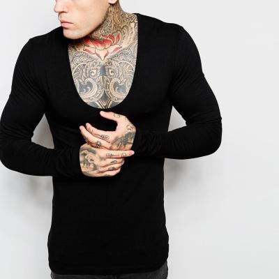 China 100%cotton deep scoop neck black anti-pilling muscle fit custom long sleeve t-shirt for sale