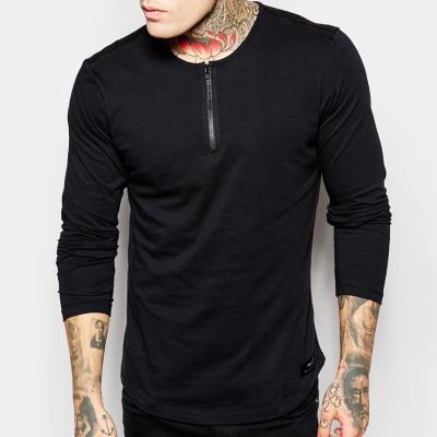 China New Fashion Men's Black Anti-pilling Sleve Zipper Long Round Neck T-shirts Made In China for sale