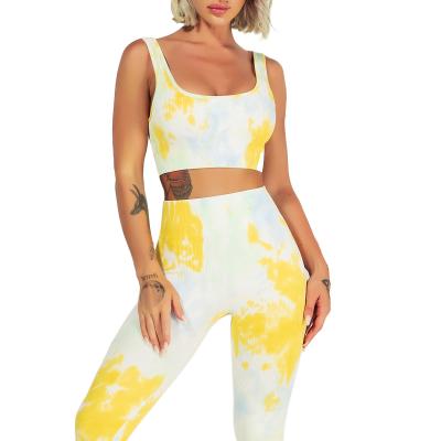 China New Logo Women Slim Fit Shockproof Breathable Custom Size High Bra Wholesale Custom Size Tight Pant Tie Dye Ribbed Yoga Sets for sale