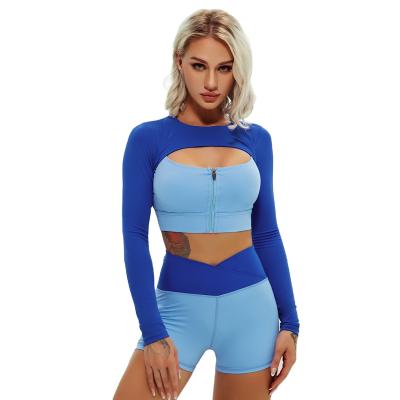 China Newest Breathable Custom Logo Ladies Fitness Sports Suits Long Sleeves Hollow Out Zipper Bra Cross Waist Shorts Double Color Yoga Sets for sale