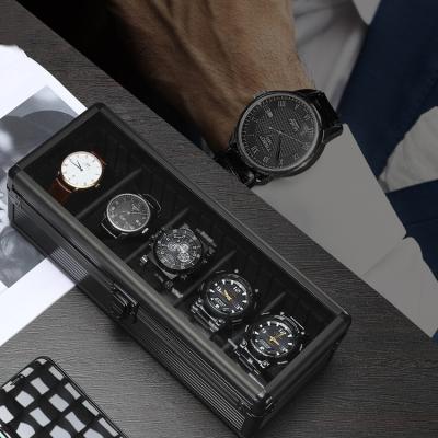 China Dropshipping Watch Travel Case Black Aluminum 5 Slots Watch Gift Box Watch Collection Box Black 5 Slots Watch Travel Case Transparent Glass Window for sale