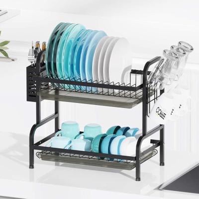 China Workable Two Tier Dish Rack With Stainless Steel Utensil Holders For Kitchen Countertop Cabinet for sale