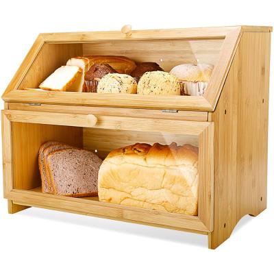 China Freshness Keeping Bread Box Double Layer Bamboo Rolltop Bread Bin For Kitchen Countertop for sale