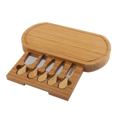 China Sustainable Customized Unique Bamboo Cheese Board With Drawers, And 4 Cutlery Knife Sets for sale