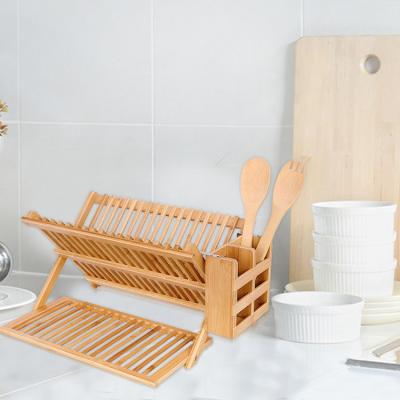 China Wholesale Sustainable 2 Tier Dish Drying Bamboo Foldable Dish Rack With Utensils Flat Dish Rack For Kitchen for sale