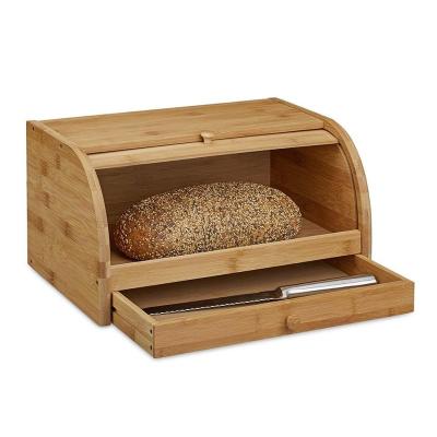 China Breadbox Heatable Natural Bamboo Kitchen Double Rolling Bread Bin With Shelf And Storage for sale