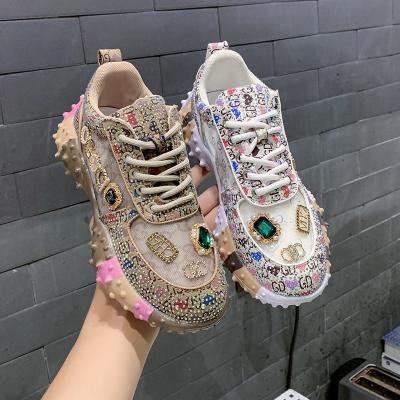 China Cushioning Low top rhinestone casual shoes New flat bottom diamond inlaid daddy shoes Women's breathable flash drill casual sneakers for sale