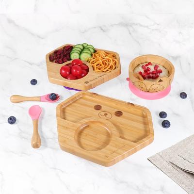 China BPA Free Wholesale Wooden Baby Dish Baby Dish Bowl Spoon Fork Feeding Sets Bamboo Suction Dish for sale