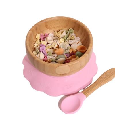 China BPA Free Wooden Baby Dishes Plate Bowl Feeding Sets With Spoon Suction Bamboo Baby Bowl for sale