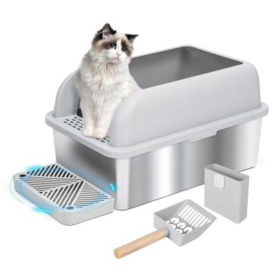 China Pet Care Cleaning Factory Wholesale Side Entrance Folding With Semi-enclosed Minimal Design Trays Pee Shield Stainless Steel Cat Litter Box for sale