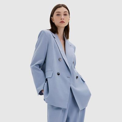 China 2022 wholesale ladies temperament breathable simple light blue outwear double breasted coat long sleeve blazer for women for sale