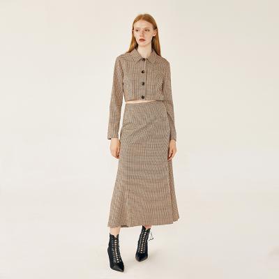 China 2021 Breathable ladies spring two piece long sleeve blouse and top plaid fald suits maxi skirt 2 set for women clothing for sale