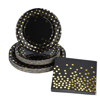 China Disposable Black Gold Dot Paper Plates Tissue Cups Napkins Napkins Party Tableware Set Supplies Glitter Gold Forks Knives Spoons for sale