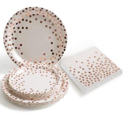 China Wholesale Disposable Plastic Dinner Dishes Paper Print Plates Sets For Party White And Gold Dinnerware Set 24 Serves for sale